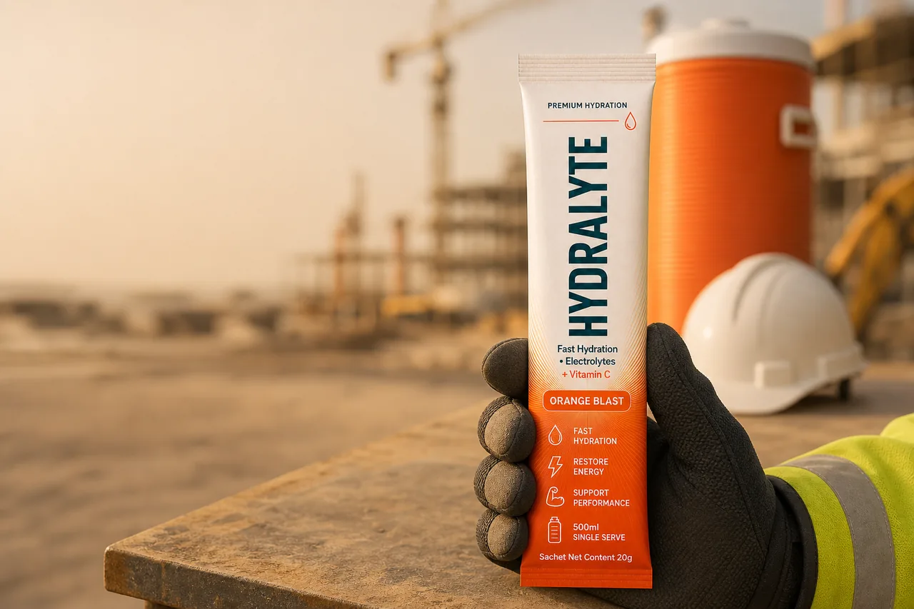 Hydralyte stick sachet in a worker's gloved hand at a site welfare station