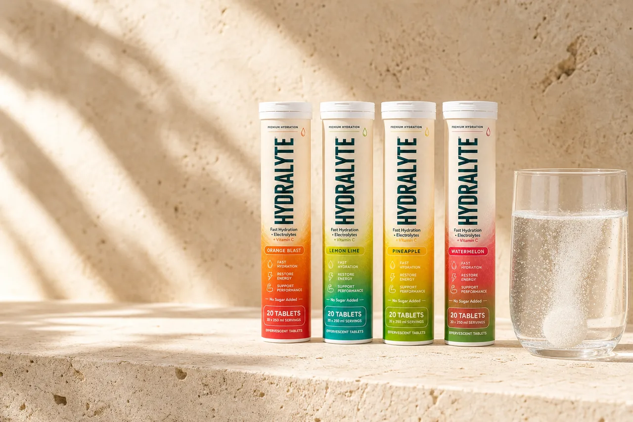 Hydralyte effervescent tablet dissolving in a glass beside the four tablet tubes
