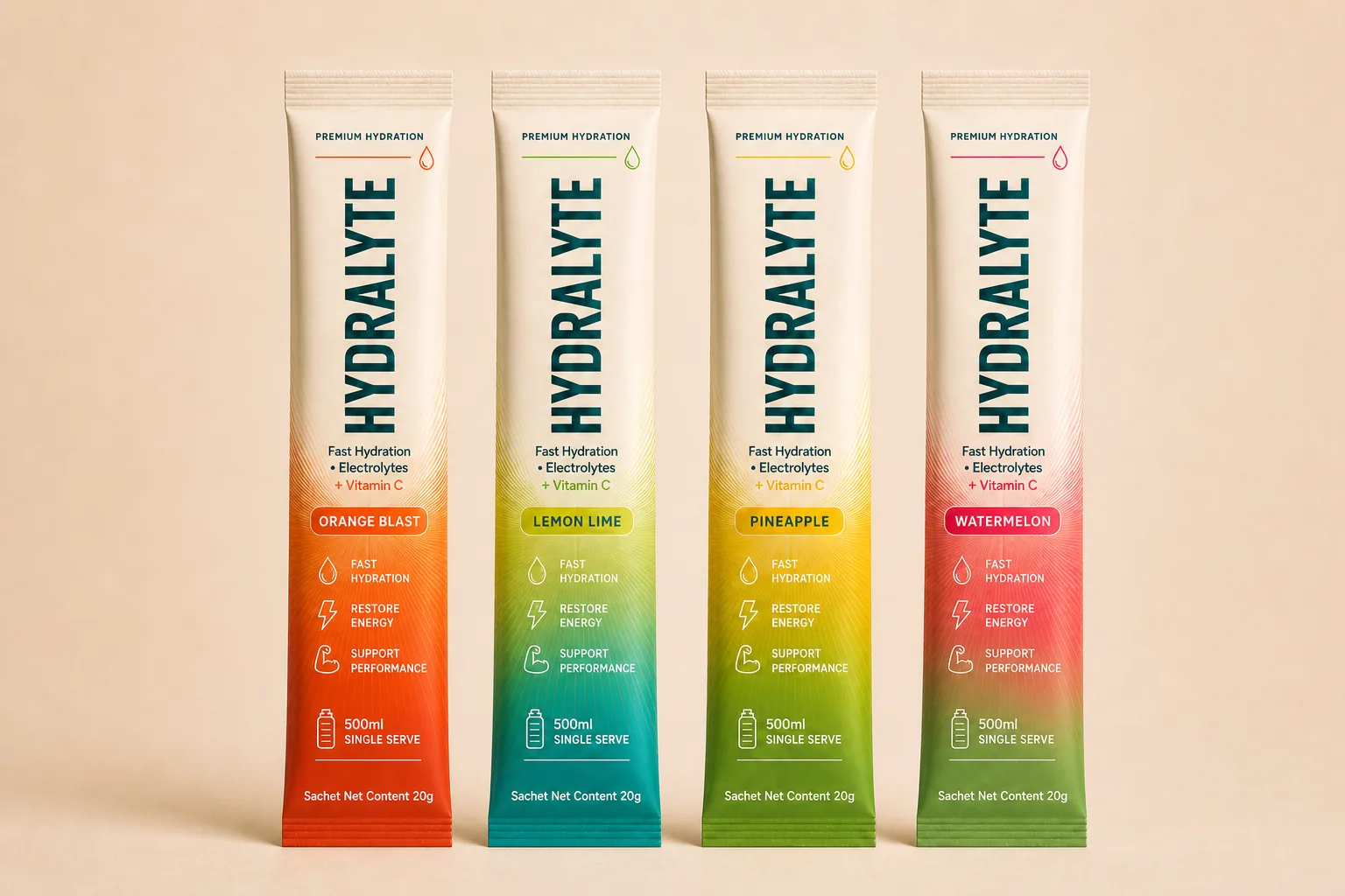 Hydralyte 20g electrolyte stick sachets, all four flavours