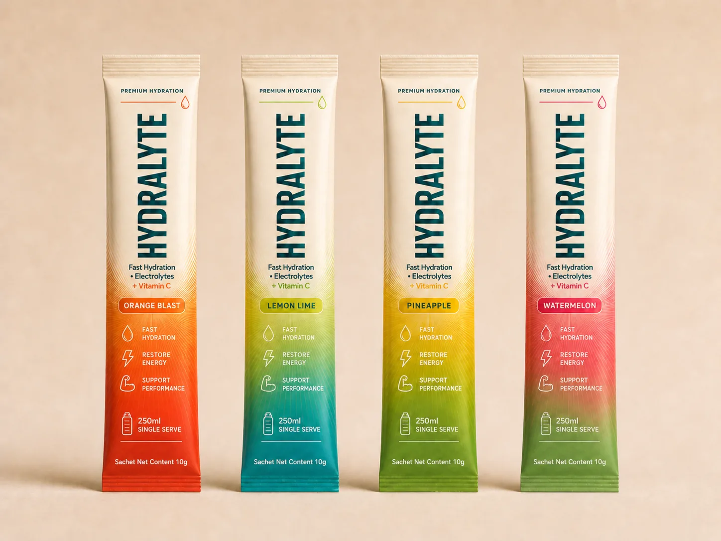 Full Hydralyte four-flavour electrolyte sachet range